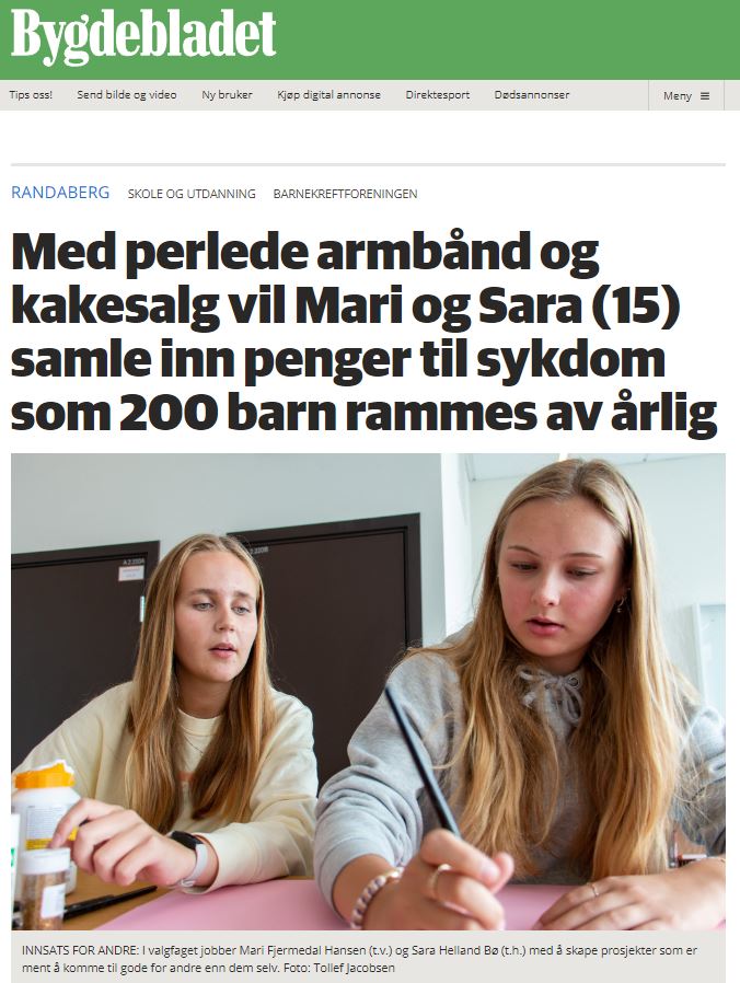 Forside fra Bygdebladet om Mari og Sara som samler inn penger.